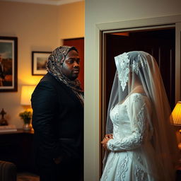 A full-figured, dark-skinned woman wearing a beautifully patterned hijab stands quietly behind a wall in an apartment, observing a groom and his bride