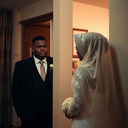 A full-figured, dark-skinned woman wearing a beautifully patterned hijab stands quietly behind a wall in an apartment, observing a groom and his bride