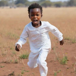 A 2D colorful sketched image of a small African boy in stark white clothes, exuding fear while running across the open field. The style should diverge from realism and accentuate on flat, vivid colors and shapes.