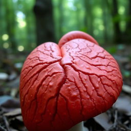 A red anatomic heart-shaped mushroom with prominent, intricate veins