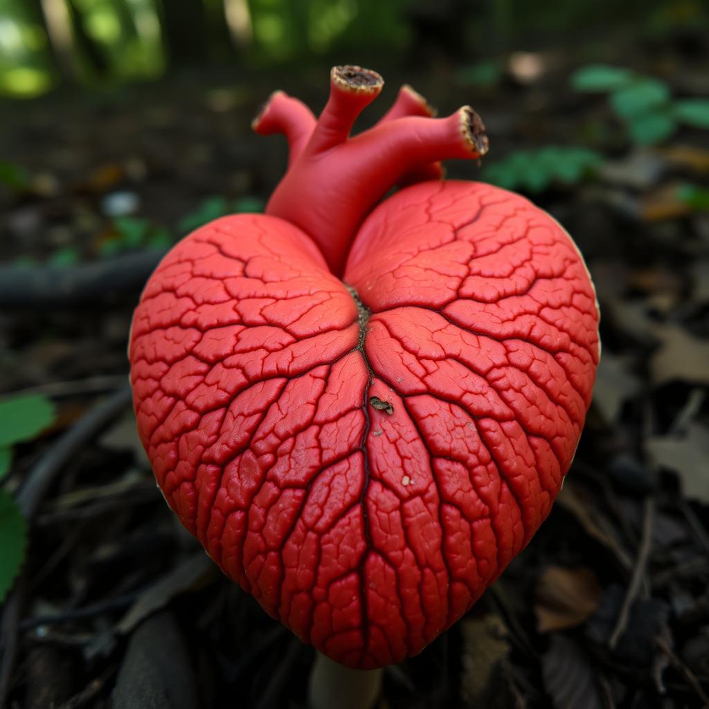 A red anatomic heart-shaped mushroom with prominent, intricate veins