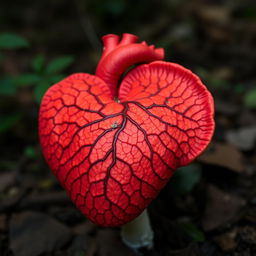 A red anatomic heart-shaped mushroom with prominent, intricate veins