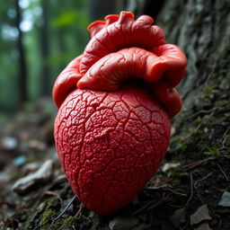 A red anatomic heart-shaped mushroom with prominent, intricate veins