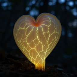 A glowing, anatomically heart-shaped mushroom with intricate, veiny textures running along its surface, emitting a soft luminescent glow