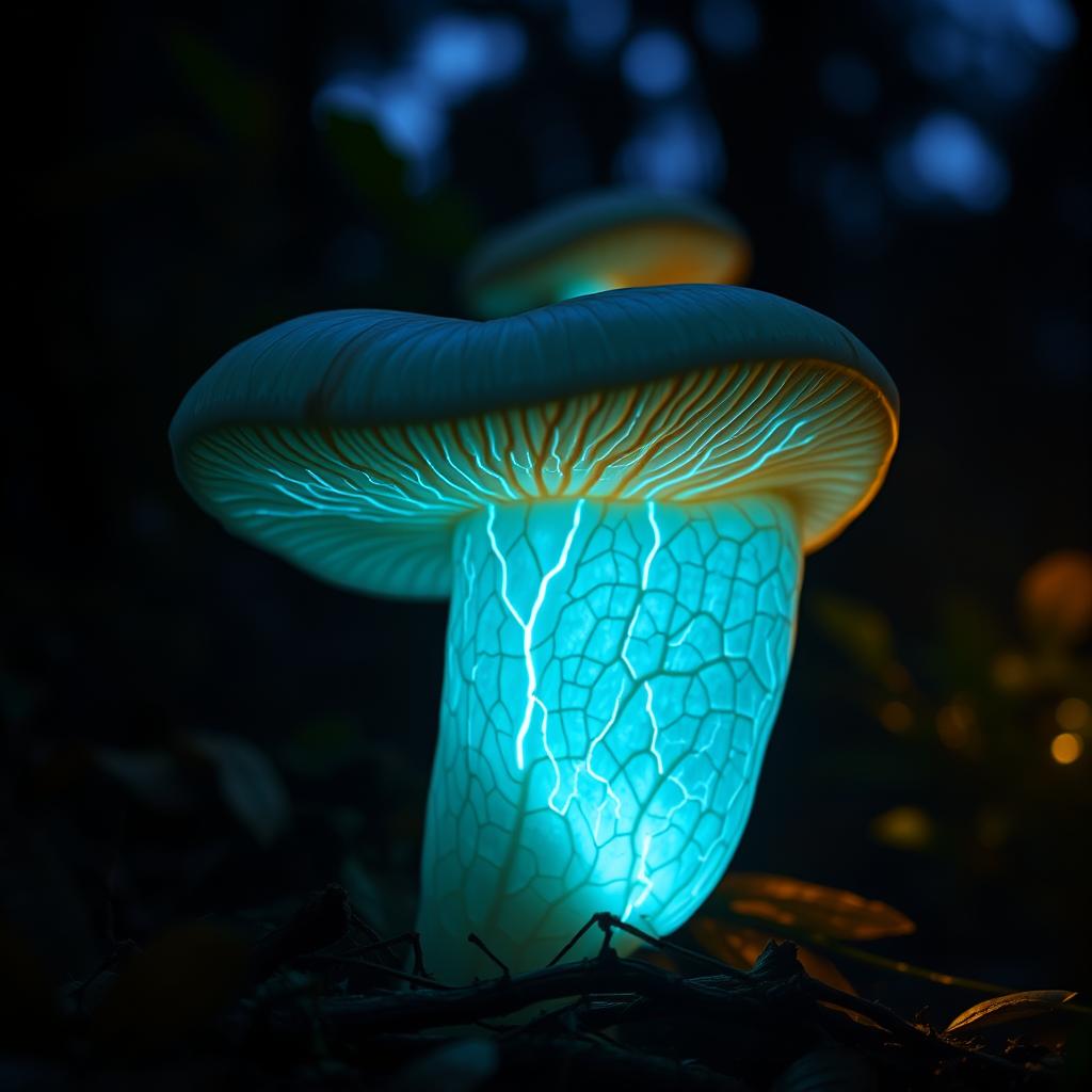 A glowing, anatomically heart-shaped mushroom with intricate, veiny textures running along its surface, emitting a soft luminescent glow