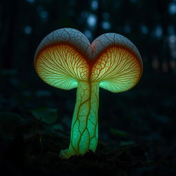 A glowing, anatomically heart-shaped mushroom with intricate, veiny textures running along its surface, emitting a soft luminescent glow