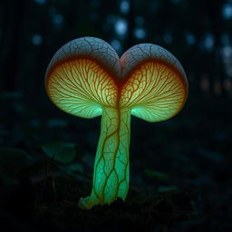 A glowing, anatomically heart-shaped mushroom with intricate, veiny textures running along its surface, emitting a soft luminescent glow