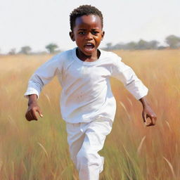 A 2D colorful sketched image of a small African boy in stark white clothes, exuding fear while running across the open field. The style should diverge from realism and accentuate on flat, vivid colors and shapes.