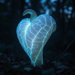 A glowing, anatomically heart-shaped mushroom with intricate, veiny textures running along its surface, emitting a soft luminescent glow