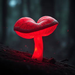 An anatomical heart-shaped mushroom with prominent veins, glowing red with a vibrant luminescence