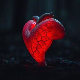 An anatomical heart-shaped mushroom with prominent veins, glowing red with a vibrant luminescence