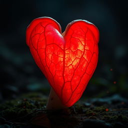 An anatomical heart-shaped mushroom with prominent veins, glowing red with a vibrant luminescence