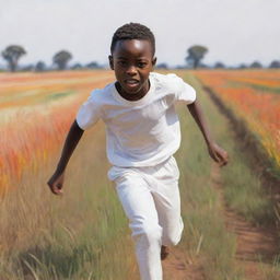 An image focused on a 2D sketch of a small African boy, displayed in a non-realistic style. He's fearfully sprinting through a field, clad in bright white clothing. The entire scene is adorned with a colorful palette.