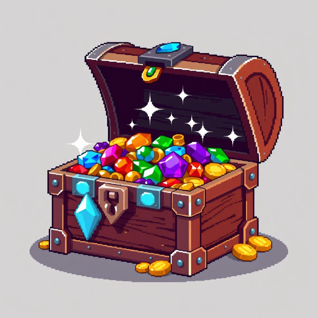 pixel art featuring an open treasure chest, with intricate details on the metal locks and wooden texture, the chest is overflowing with colorful jewels and gold coins, sparkles highlight the treasure, set against a simple background to emphasize the main subject