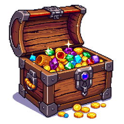 pixel art featuring an open treasure chest, with intricate details on the metal locks and wooden texture, the chest is overflowing with colorful jewels and gold coins, sparkles highlight the treasure, set against a simple background to emphasize the main subject