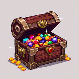 pixel art featuring an open treasure chest, with intricate details on the metal locks and wooden texture, the chest is overflowing with colorful jewels and gold coins, sparkles highlight the treasure, set against a simple background to emphasize the main subject