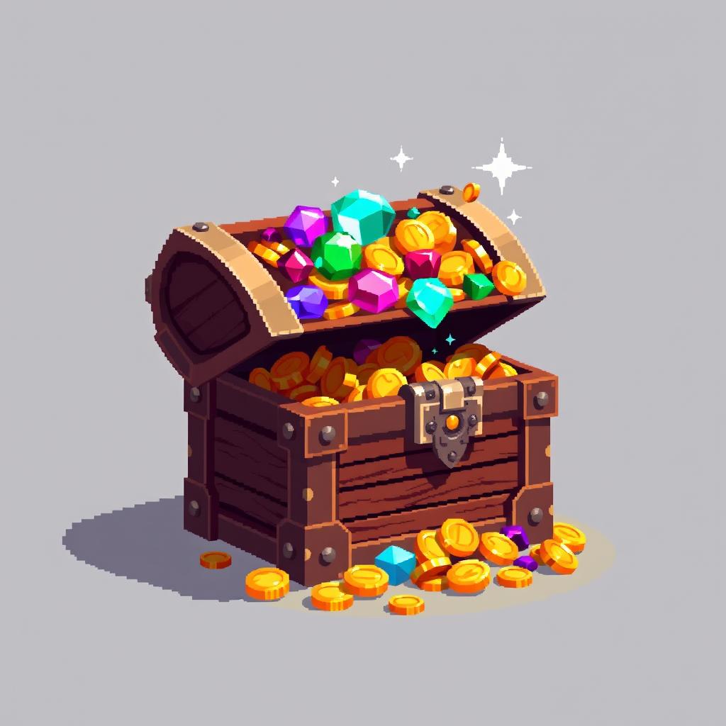 pixel art featuring an open treasure chest, with intricate details on the metal locks and wooden texture, the chest is overflowing with colorful jewels and gold coins, sparkles highlight the treasure, set against a simple background to emphasize the main subject