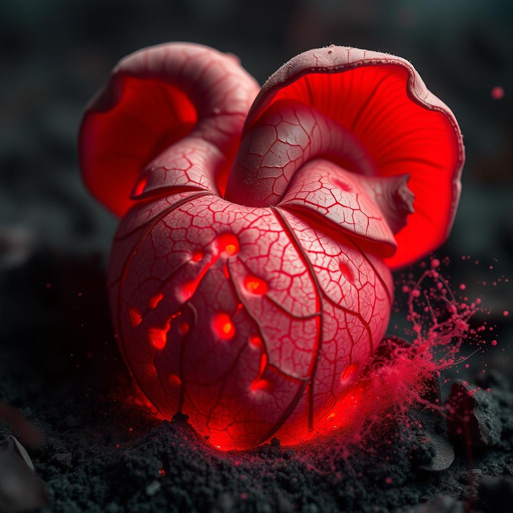 anatomic heart-shaped mushroom with intricate veins, glowing red, surrounded by floating spore dust, creating a mystical and captivating atmosphere