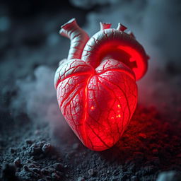 anatomic heart-shaped mushroom with intricate veins, glowing red, surrounded by floating spore dust, creating a mystical and captivating atmosphere