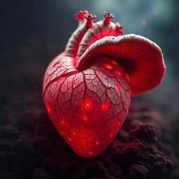 anatomic heart-shaped mushroom with intricate veins, glowing red, surrounded by floating spore dust, creating a mystical and captivating atmosphere