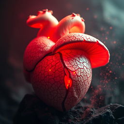 anatomic heart-shaped mushroom with intricate veins, glowing red, surrounded by floating spore dust, creating a mystical and captivating atmosphere