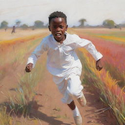 An image focused on a 2D sketch of a small African boy, displayed in a non-realistic style. He's fearfully sprinting through a field, clad in bright white clothing. The entire scene is adorned with a colorful palette.