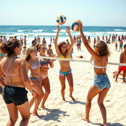 A fun and lively summer beach scene featuring a group of teenagers playing beach volleyball, with the focus on a vibrant and colorful beach setting, the ocean in the background, and people of various ages enjoying the sun and surf