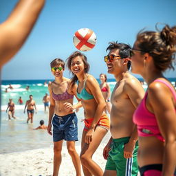 A fun and lively summer beach scene featuring a group of teenagers playing beach volleyball, with the focus on a vibrant and colorful beach setting, the ocean in the background, and people of various ages enjoying the sun and surf