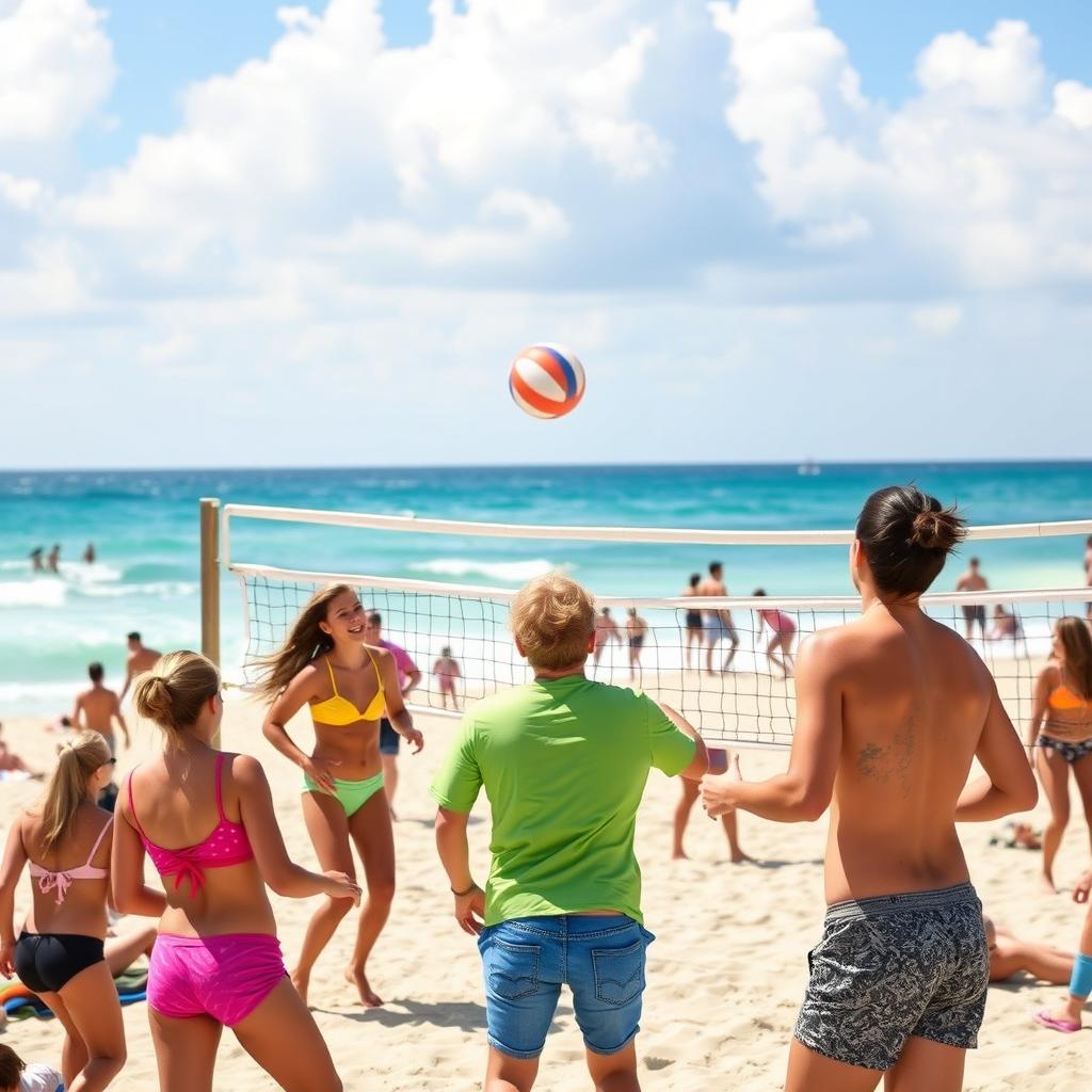 A fun and lively summer beach scene featuring a group of teenagers playing beach volleyball, with the focus on a vibrant and colorful beach setting, the ocean in the background, and people of various ages enjoying the sun and surf