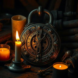 A vintage metal lock with ornate details surrounded by old, rustic elements, illuminated softly by warm candlelight