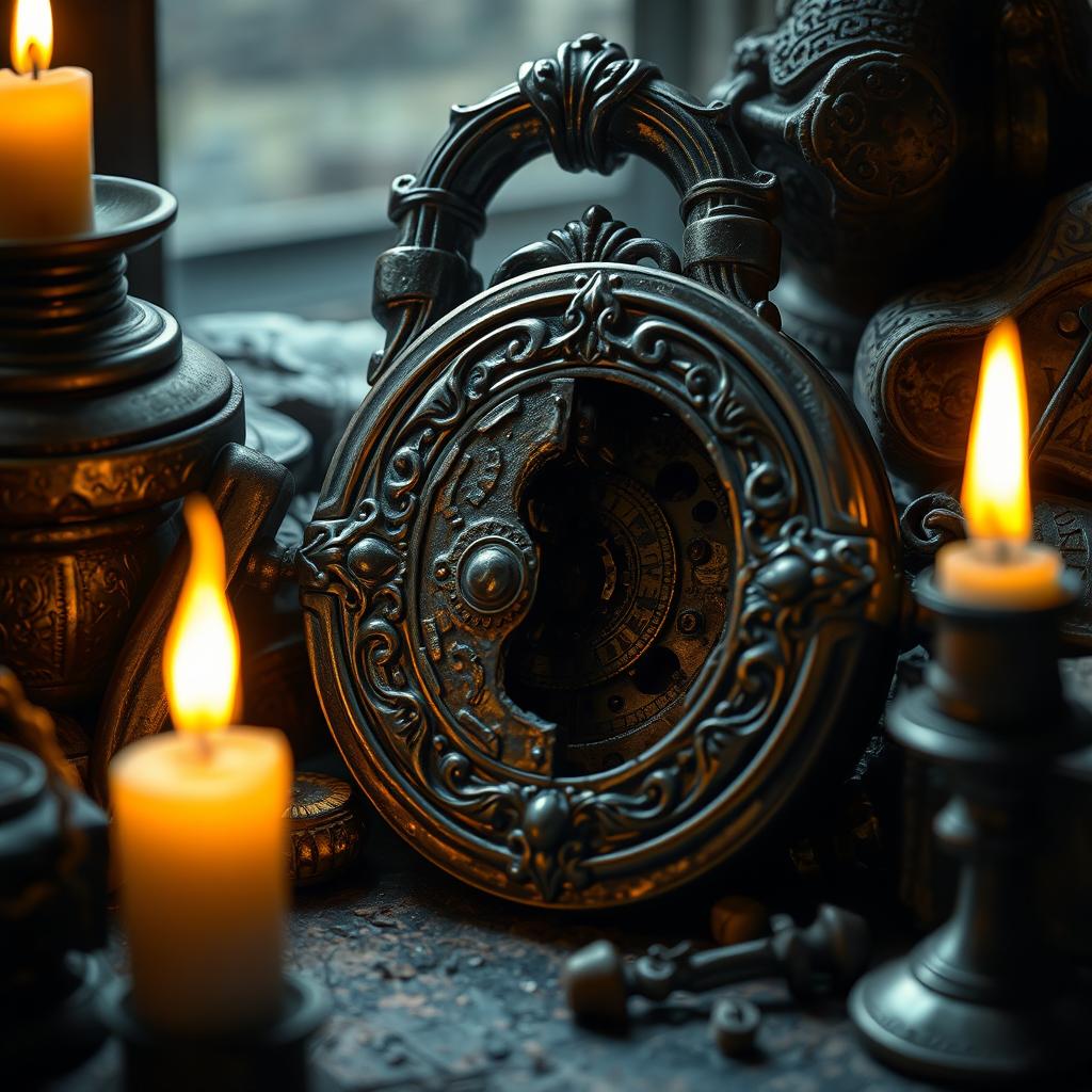 A vintage metal lock with ornate details surrounded by old, rustic elements, illuminated softly by warm candlelight