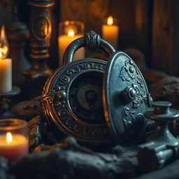 A vintage metal lock with ornate details surrounded by old, rustic elements, illuminated softly by warm candlelight