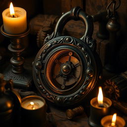 A vintage metal lock with ornate details surrounded by old, rustic elements, illuminated softly by warm candlelight