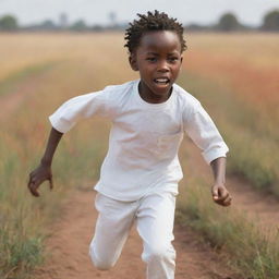 An image focused on a 2D sketch of a small African boy, displayed in a non-realistic style. He's fearfully sprinting through a field, clad in bright white clothing. The entire scene is adorned with a colorful palette.