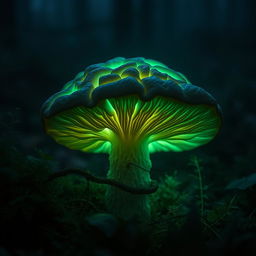 A unique mushroom resembling the intricate folds and curves of a human brain, emitting a soft, green glow that creates an ethereal and mystical atmosphere in a dark forest setting