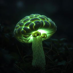 A unique mushroom resembling the intricate folds and curves of a human brain, emitting a soft, green glow that creates an ethereal and mystical atmosphere in a dark forest setting