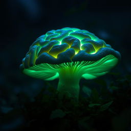 A unique mushroom resembling the intricate folds and curves of a human brain, emitting a soft, green glow that creates an ethereal and mystical atmosphere in a dark forest setting