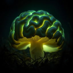 A unique mushroom resembling the intricate folds and curves of a human brain, emitting a soft, green glow that creates an ethereal and mystical atmosphere in a dark forest setting