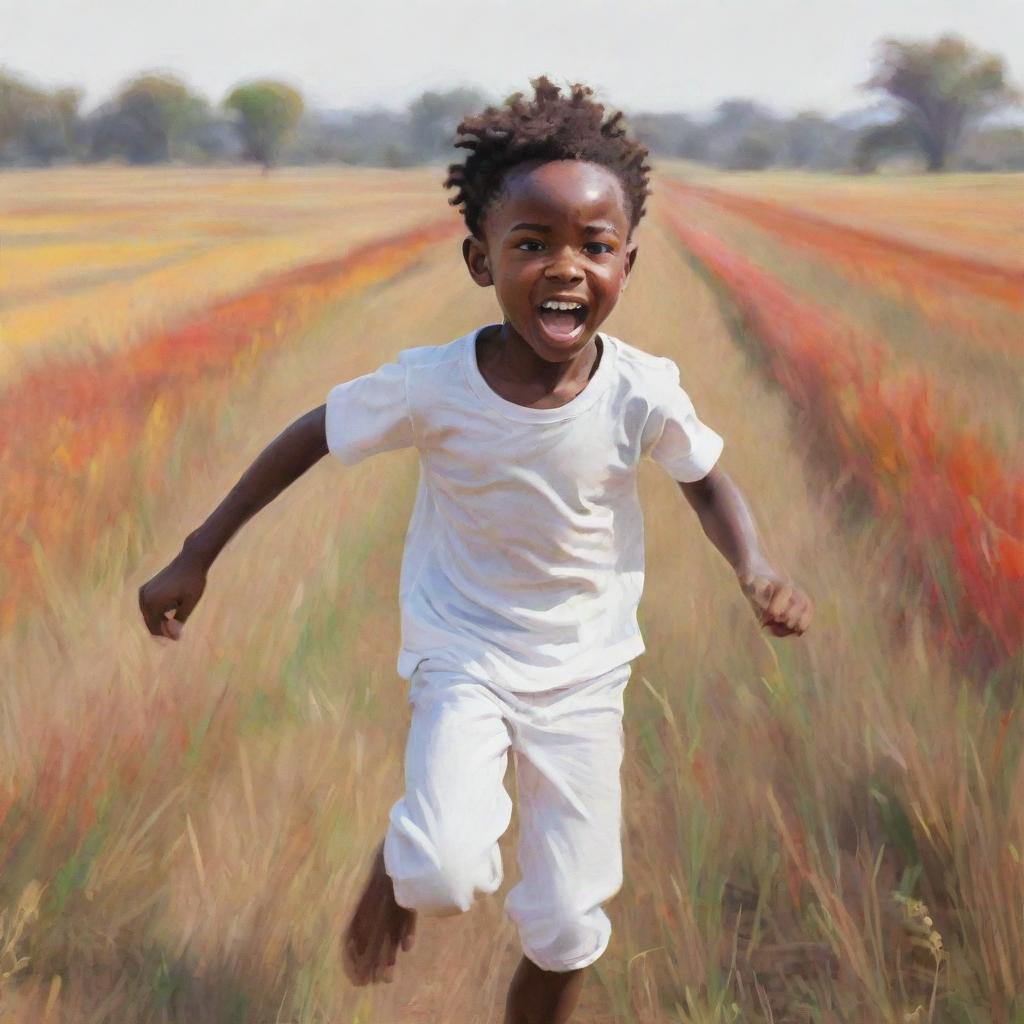 An image focused on a 2D sketch of a small African boy, displayed in a non-realistic style. He's fearfully sprinting through a field, clad in bright white clothing. The entire scene is adorned with a colorful palette.