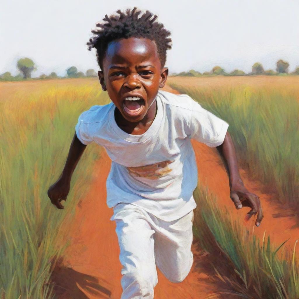 A vibrant 2D sketch of a small African boy, his face filled with fear, sprinting across a field. He's wearing bright white clothes. The drawing should diverge from realism, resulting in a colorful, stylized scene.