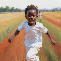 A vibrant 2D sketch of a small African boy, his face filled with fear, sprinting across a field. He's wearing bright white clothes. The drawing should diverge from realism, resulting in a colorful, stylized scene.