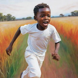 A vibrant 2D sketch of a small African boy, his face filled with fear, sprinting across a field. He's wearing bright white clothes. The drawing should diverge from realism, resulting in a colorful, stylized scene.