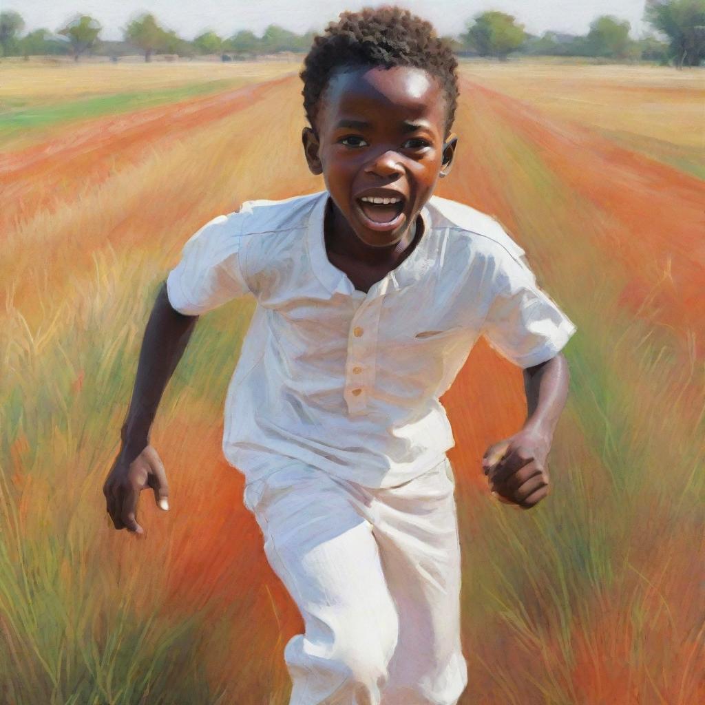 A vibrant 2D sketch of a small African boy, his face filled with fear, sprinting across a field. He's wearing bright white clothes. The drawing should diverge from realism, resulting in a colorful, stylized scene.