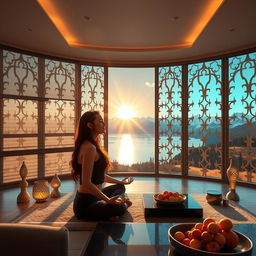 A large room with a full-wall panoramic window featuring futuristic muntins forming a beautiful Islamic-style pattern