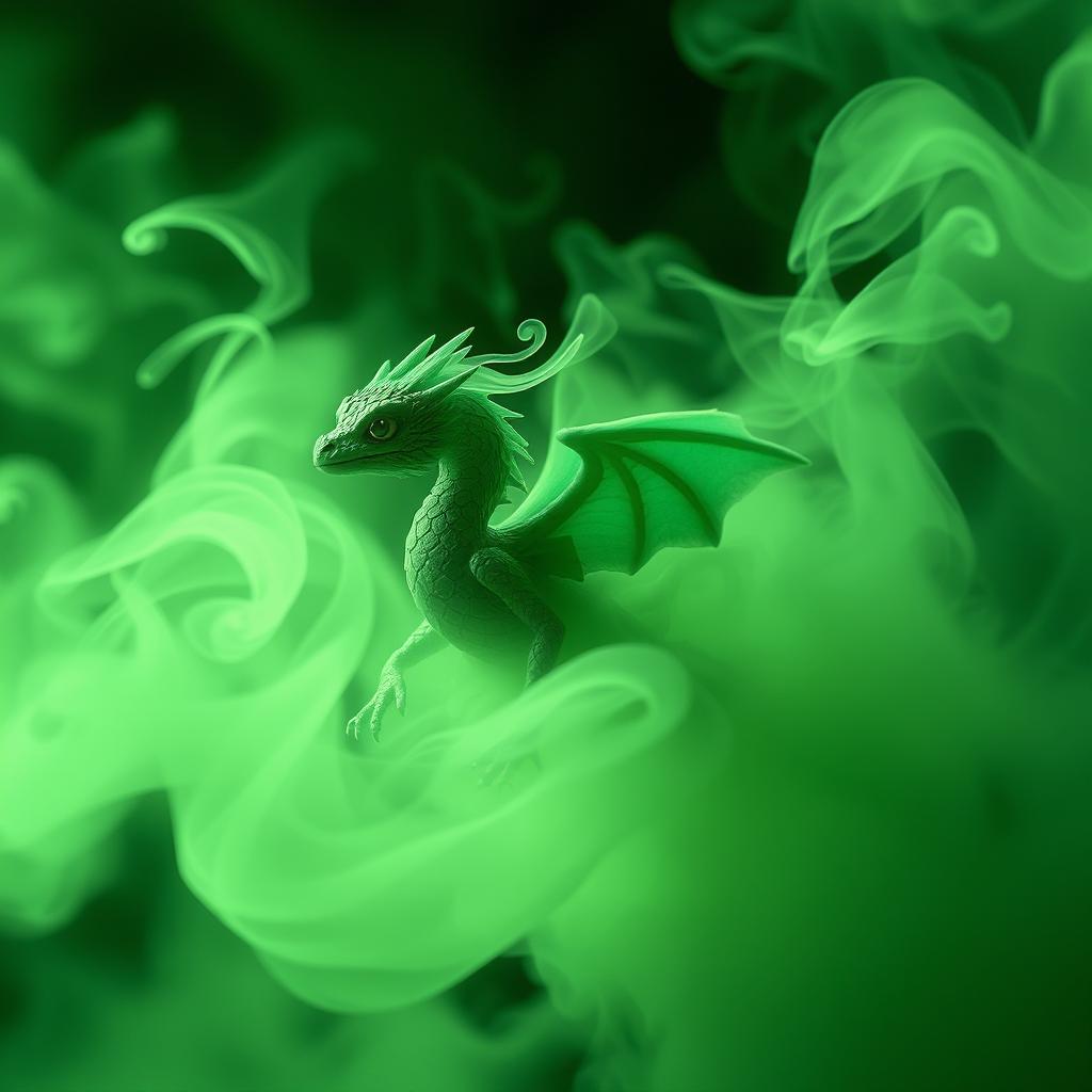 A small fume drake enveloped in swirling green smoke, without any legs, creating an ethereal and mystical atmosphere.