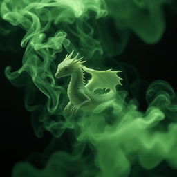 A small fume drake enveloped in swirling green smoke, without any legs, creating an ethereal and mystical atmosphere.