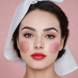 A facial tissue sheet mask, intricately designed with the makeup image of the 20-30s era. Features slim eyebrows, sultry expressive eyes, a pretend grain de beauté/mole, and vibrant lipstick imprint.