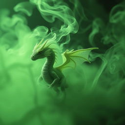 A small fume drake enveloped in swirling green smoke, without any legs, creating an ethereal and mystical atmosphere.