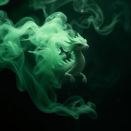 A small fume drake enveloped in swirling green smoke, without any legs, creating an ethereal and mystical atmosphere.