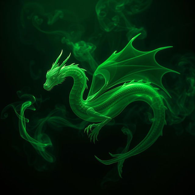 A mystical fume drake emerging from swirling green smoke, its entire form composed of the ethereal smoke itself, giving an impression of transparency and fluidity